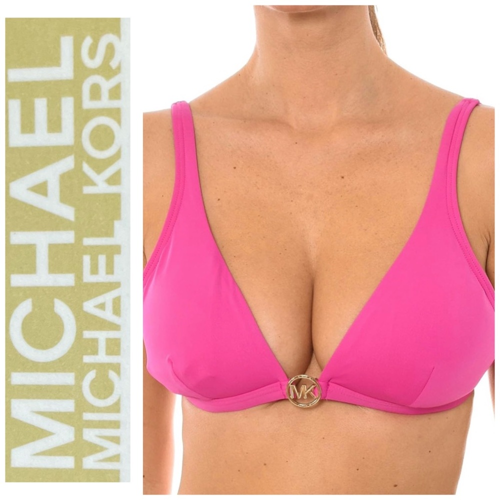 MICHAEL Michael Kors Logo Ring Halter Bikini Top in Bright Cerise Size L NWT
